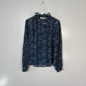Sea New York Blouse Womens Extra Small Blue Metallic Floral Long Sleeve Boho Top